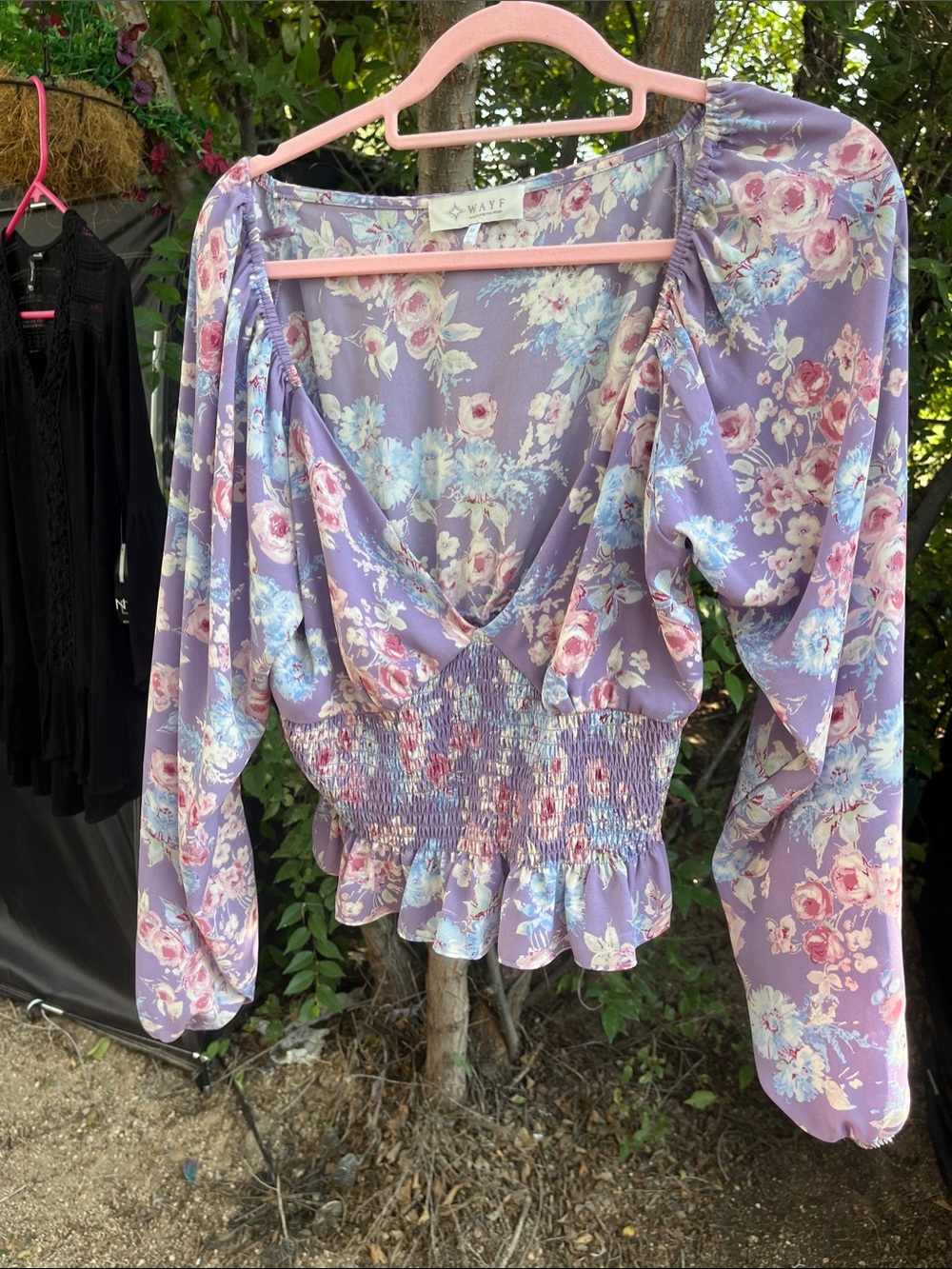 Wayf Lavender Floral Smocked Peplum Blouse